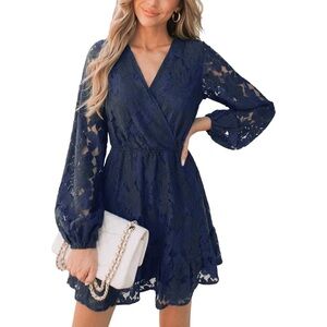Sage Navy Blue Floral Lace V-Neck Long Sleeve Statement Holiday Party Romper